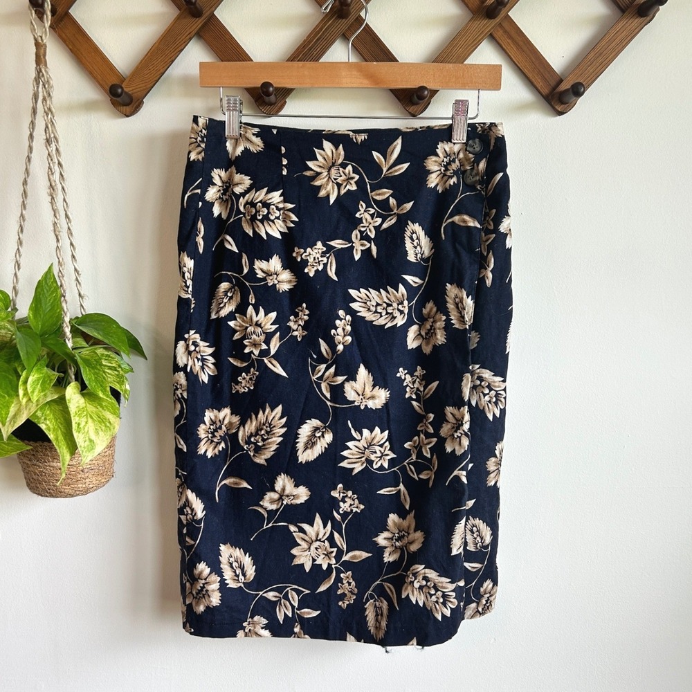 Sonoma Jean Company Navy Blue Floral Linen Blend Wrap Midi Skirt Womens 12